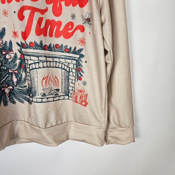 Beige Christmas Sweatshirt Wonderful Time Print Cozy Holiday Trendy Party Medium - Picture 7 of 12